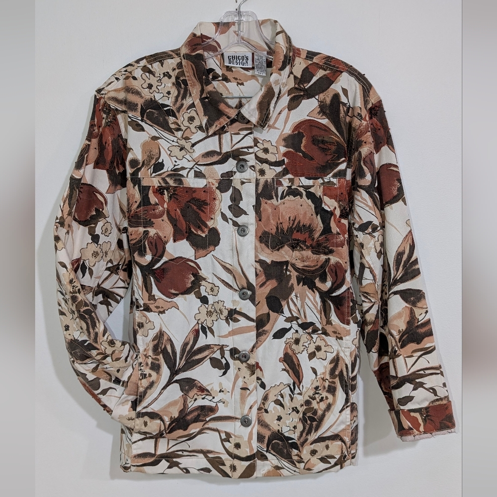 Chico's Design Size 2 Vintage Floral Leaf Beaded Metallic Button Up Jean Jacket